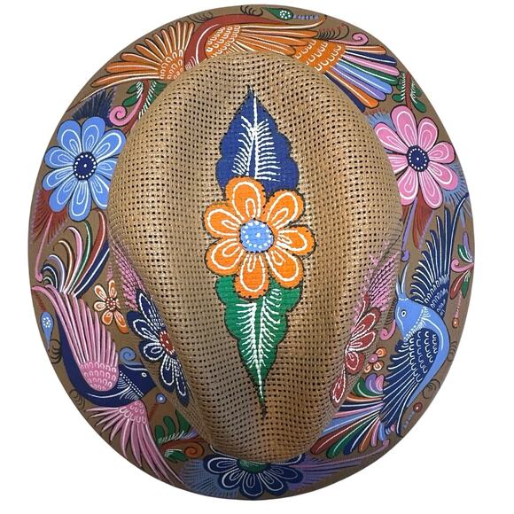 BOHO Hand Painted Artesian Mexican Straw Fedora Hat Floral Birds Artsy SZ Large - Picture 2 of 16